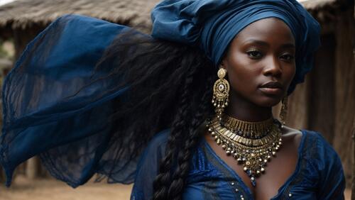 A woman wearing blue clothes and gold jewelry