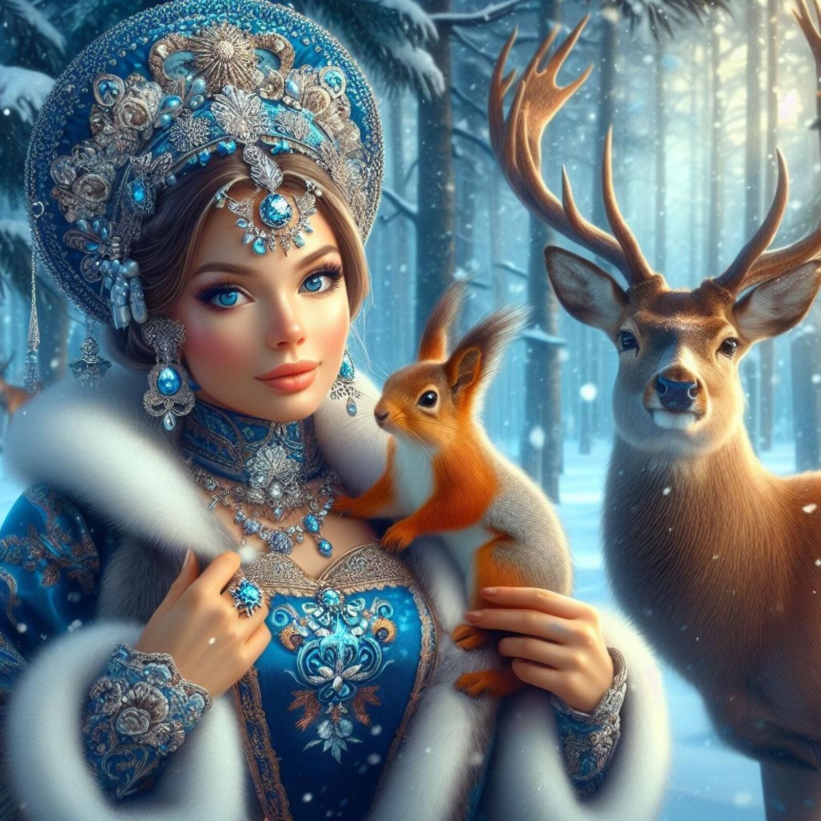 Free photo The Snow Maiden in the forest