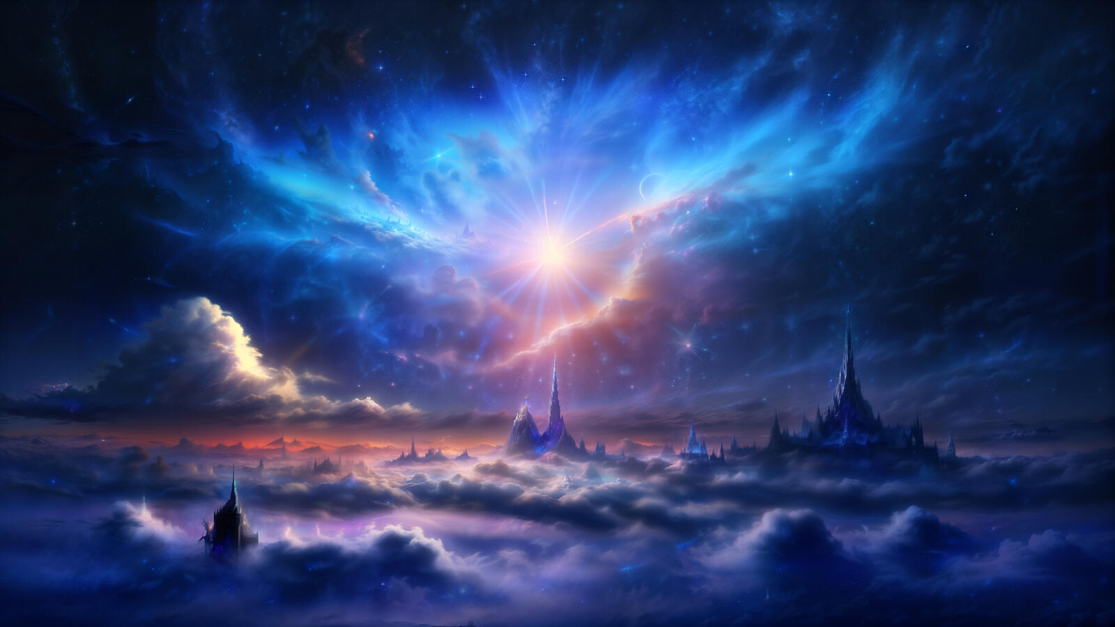 Бесплатное фото Фэнтезийный город с облаками и звездным небом
