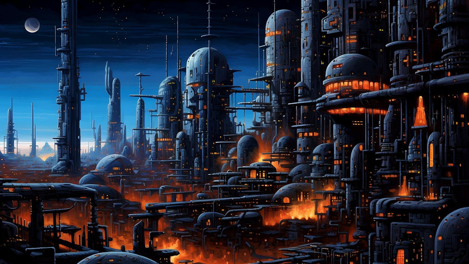 Бесплатное фото Фантастический город из металла в огнях на фоне неба