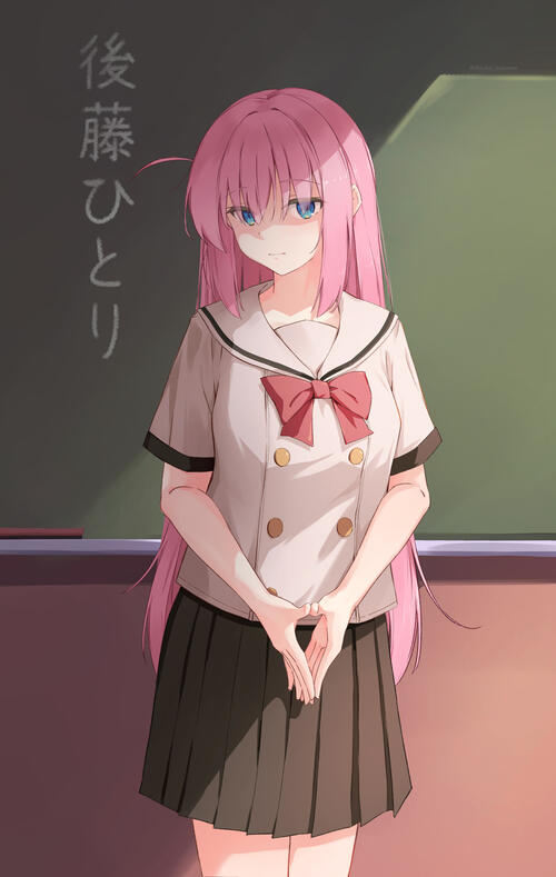 Anime schoolgirl with pink hair standing at the blackboard