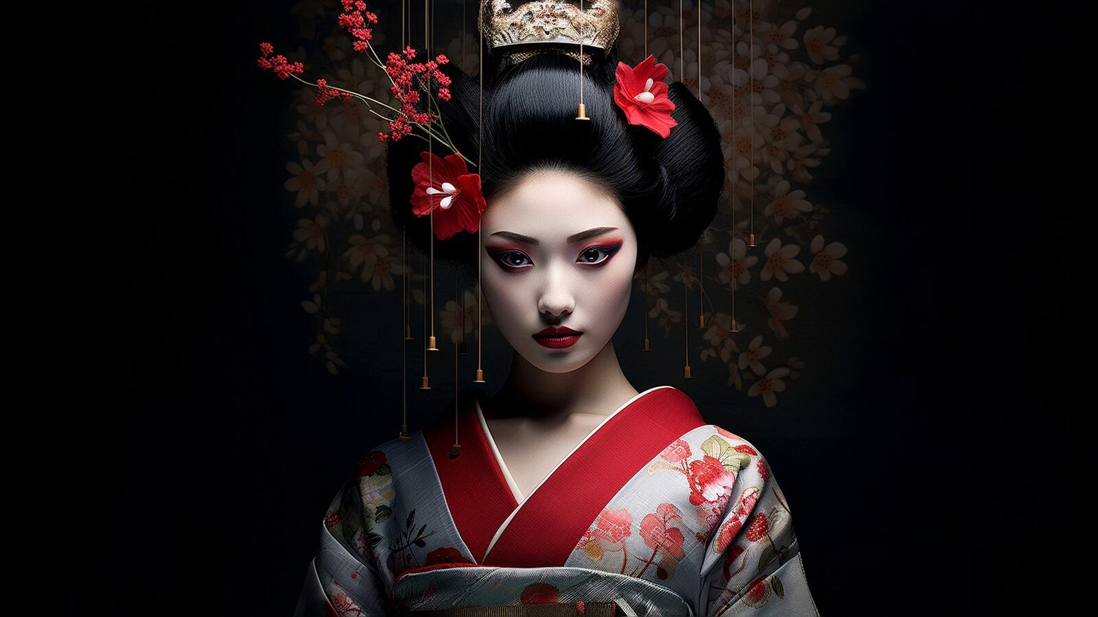 Бесплатное фото Девушка японка в кимоно на темном фоне