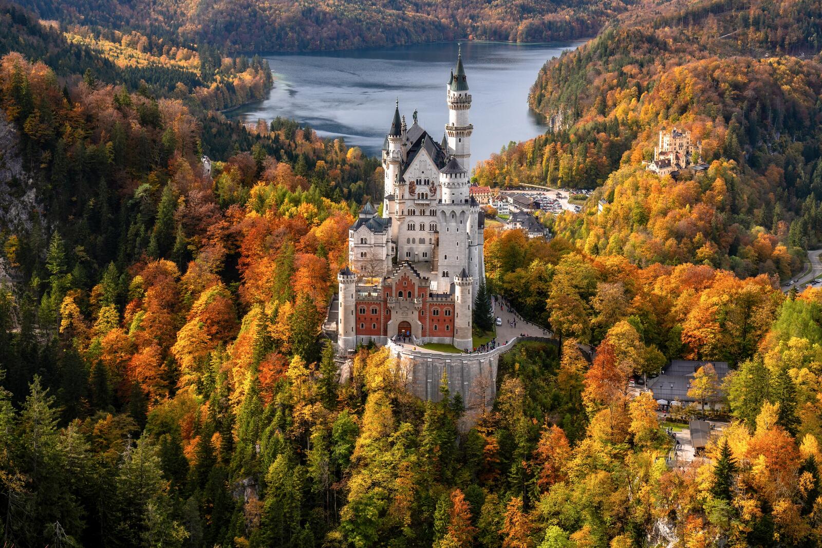 免费照片新天鹅堡在秋天的树木中的城堡