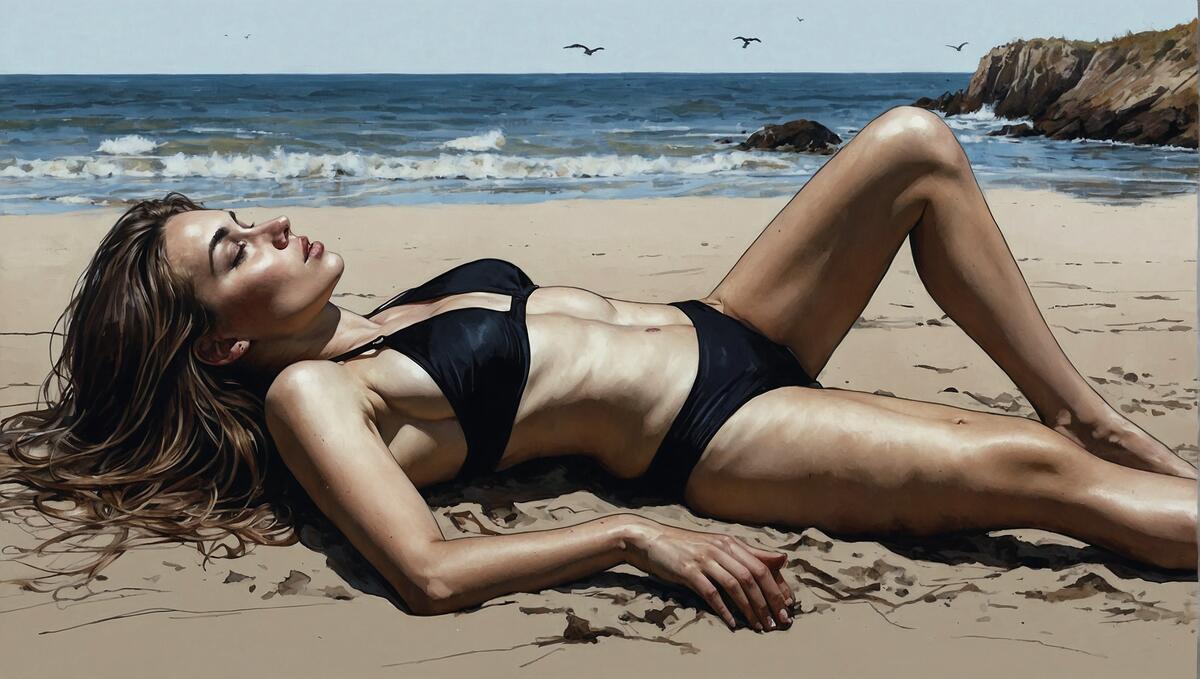 Bikini-clad woman lying on the beach with seagulls in the background
