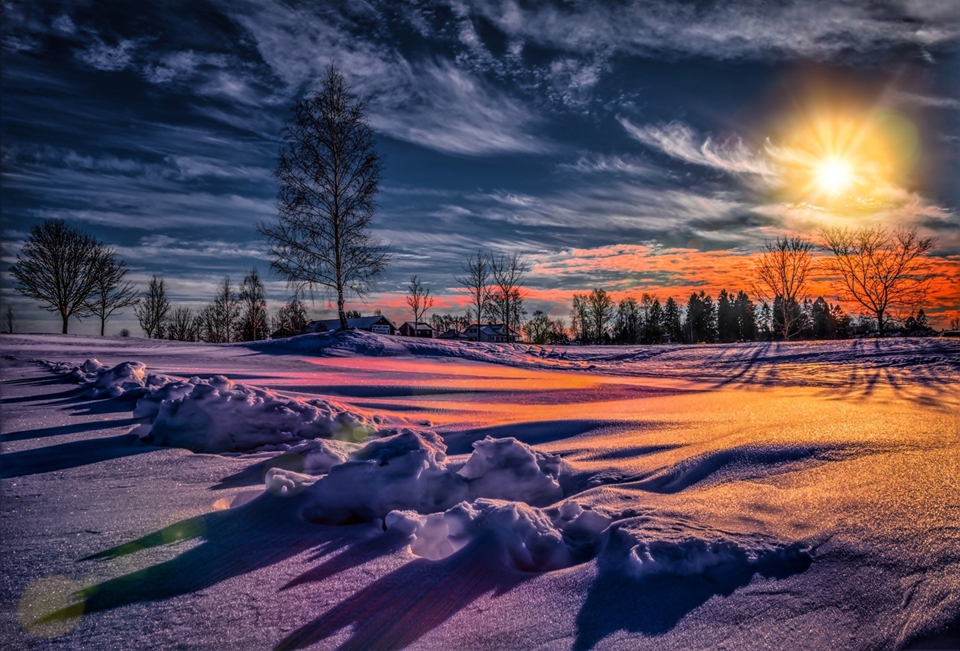 霜冻的冬日夕阳
