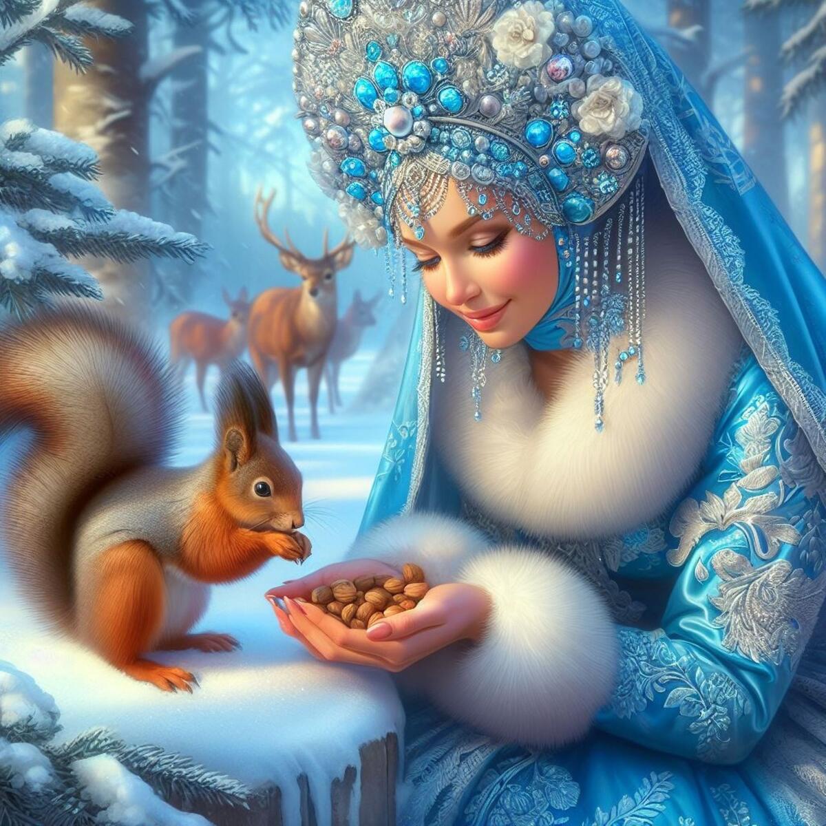 The Snow Maiden feeds a squirrel