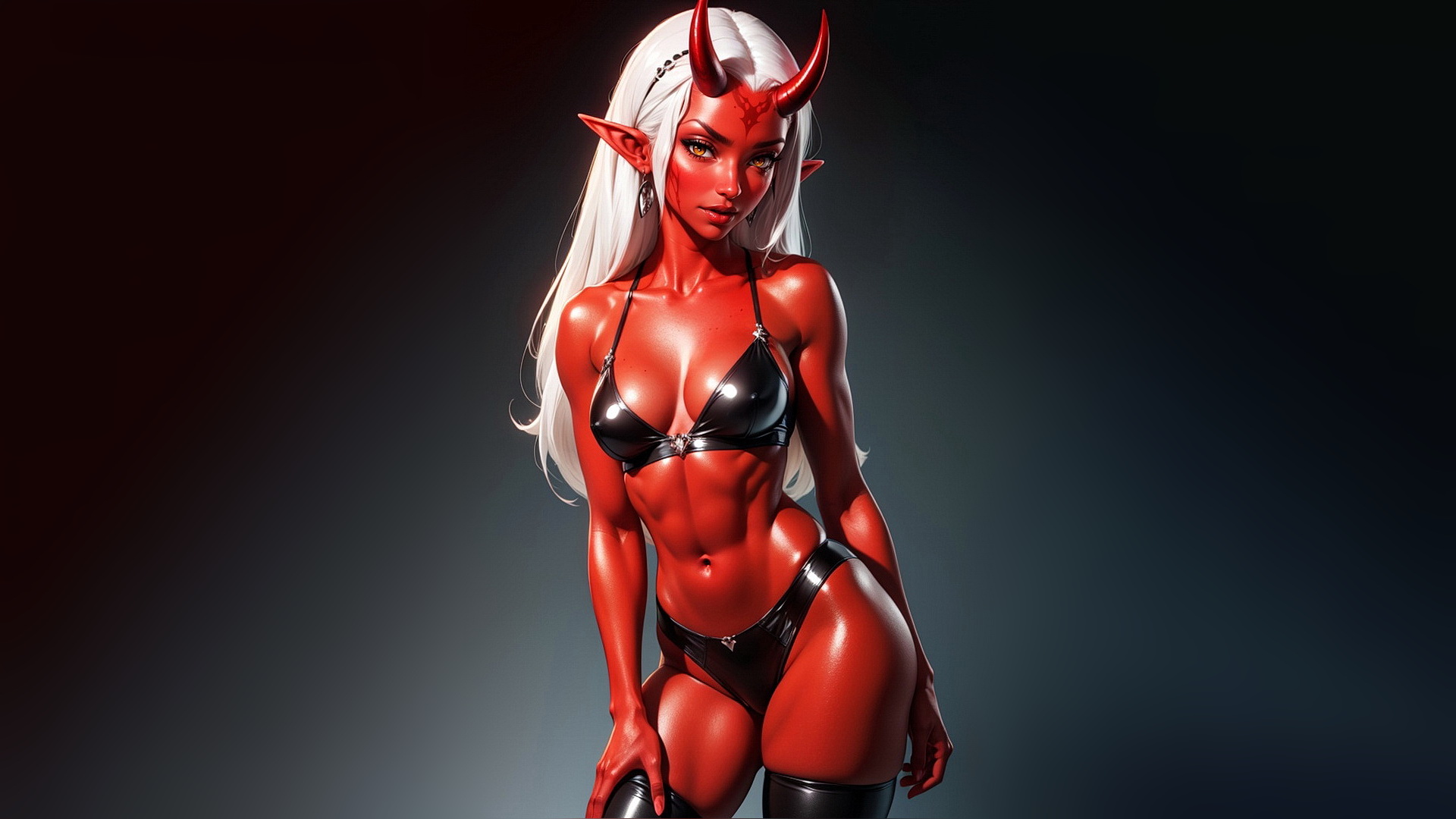 Demon girl standing against a dark background
