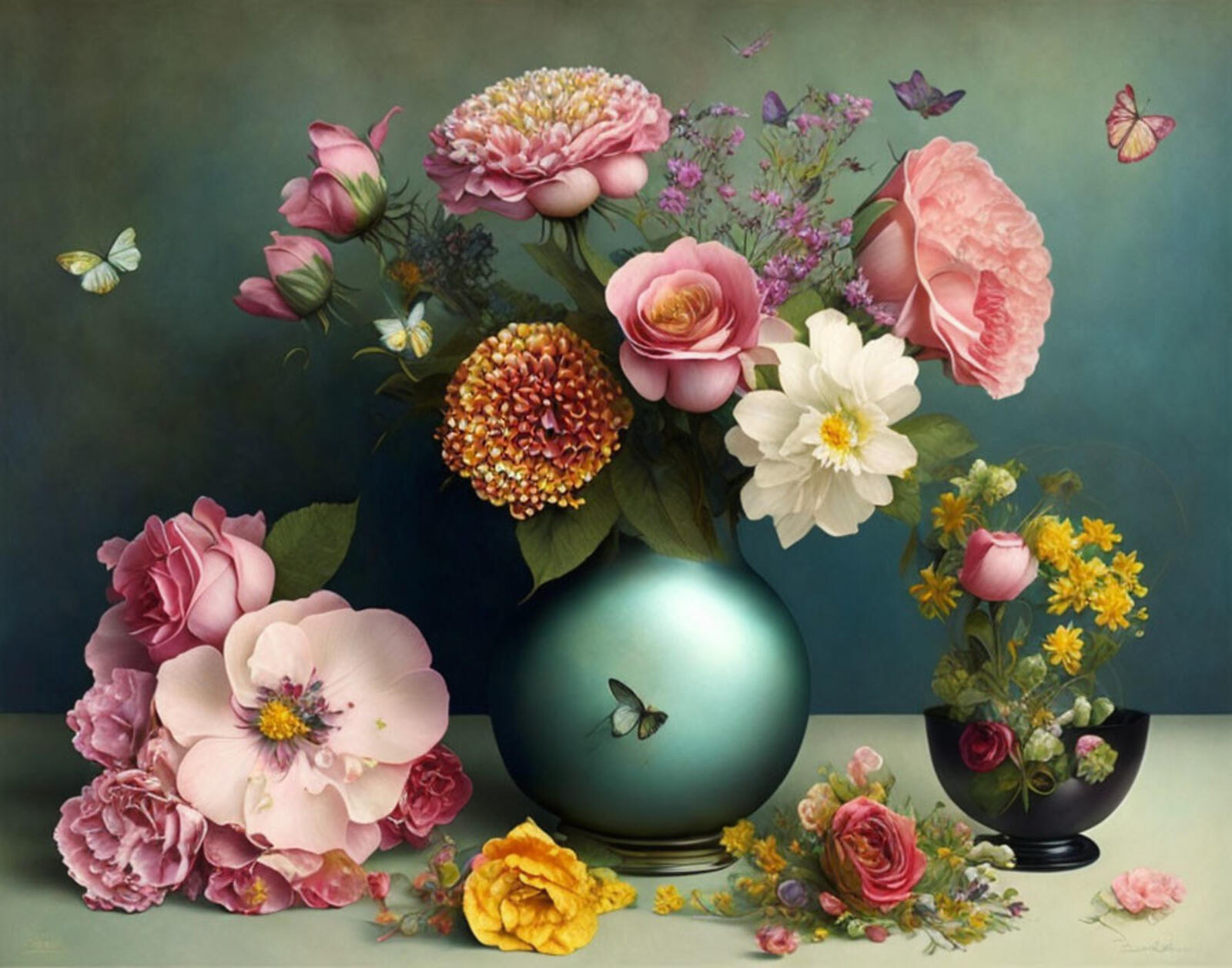 Бесплатное фото Рисунок цветов в вазе с летающими бабочками возле нее