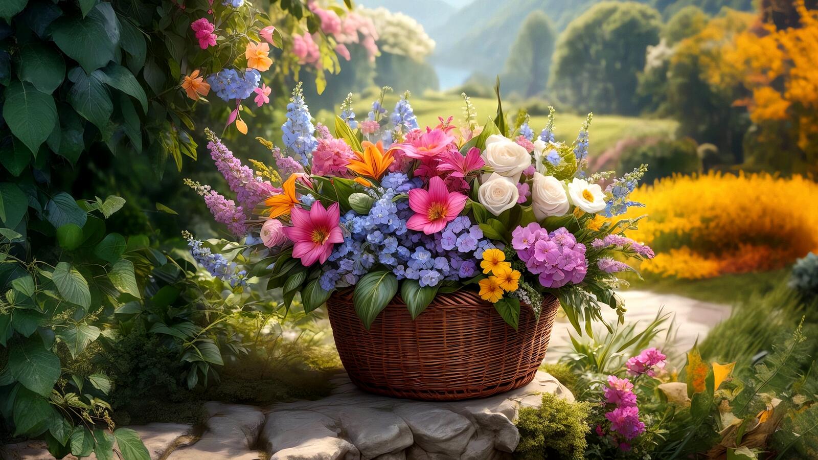 Free photo A basket of flowers stands against the backdrop of nature