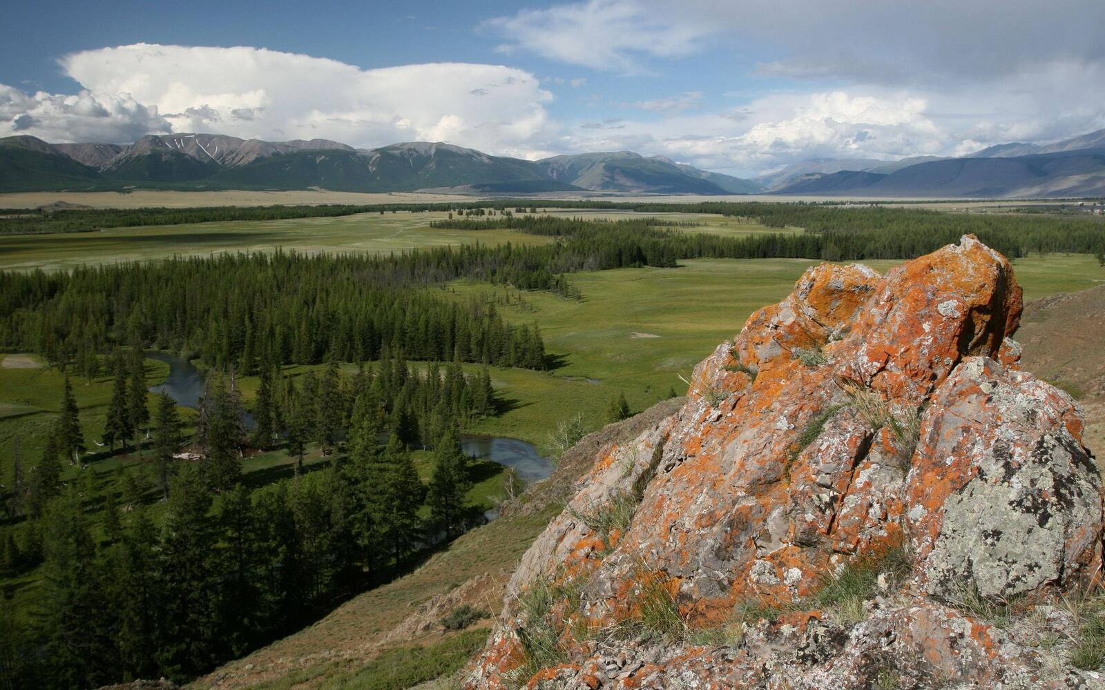 Бесплатное фото Вид на широкое поле с вершины скалы