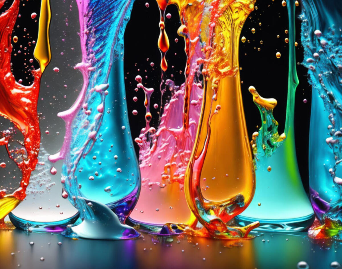 Colorful bright liquid fills glasses