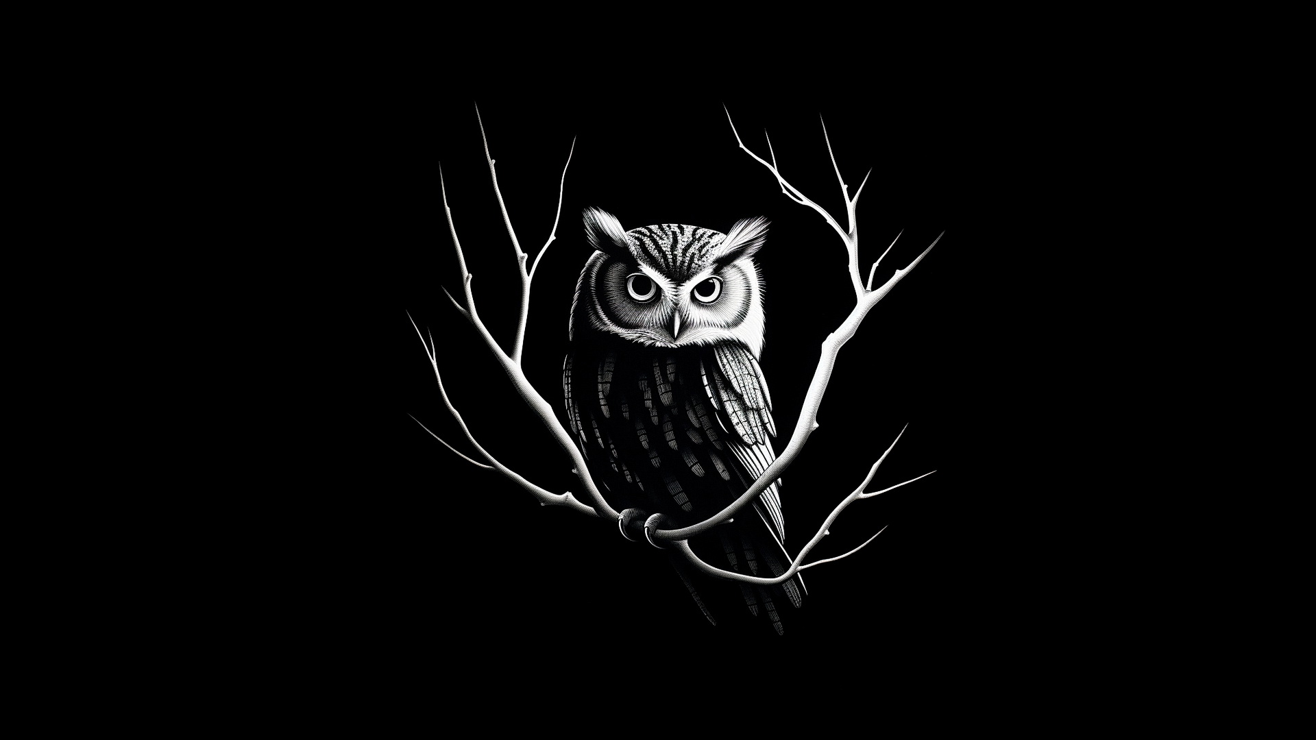 Drawing of an owl sitting on a branch on a black background