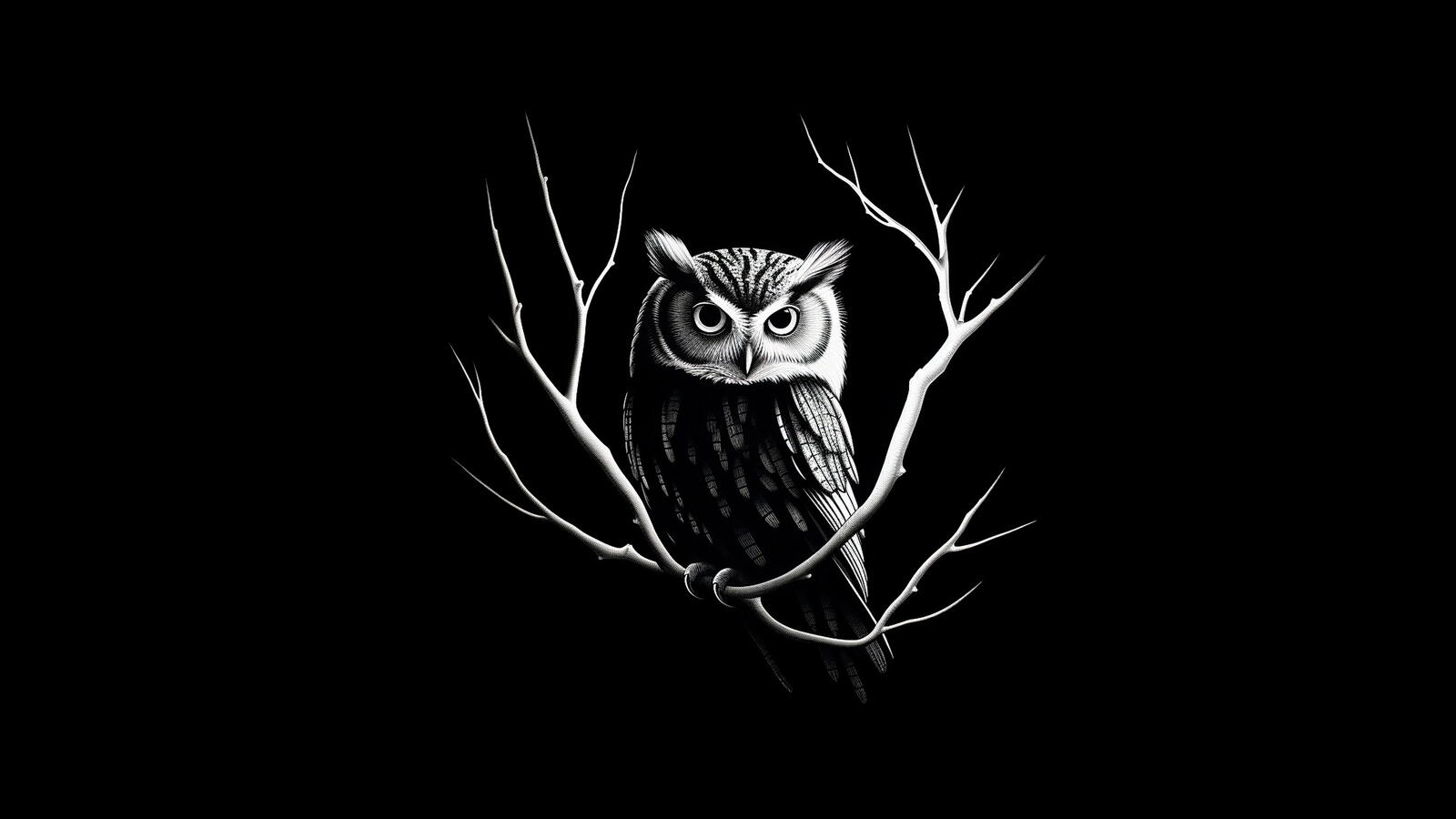 Free photo Drawing of an owl sitting on a branch on a black background