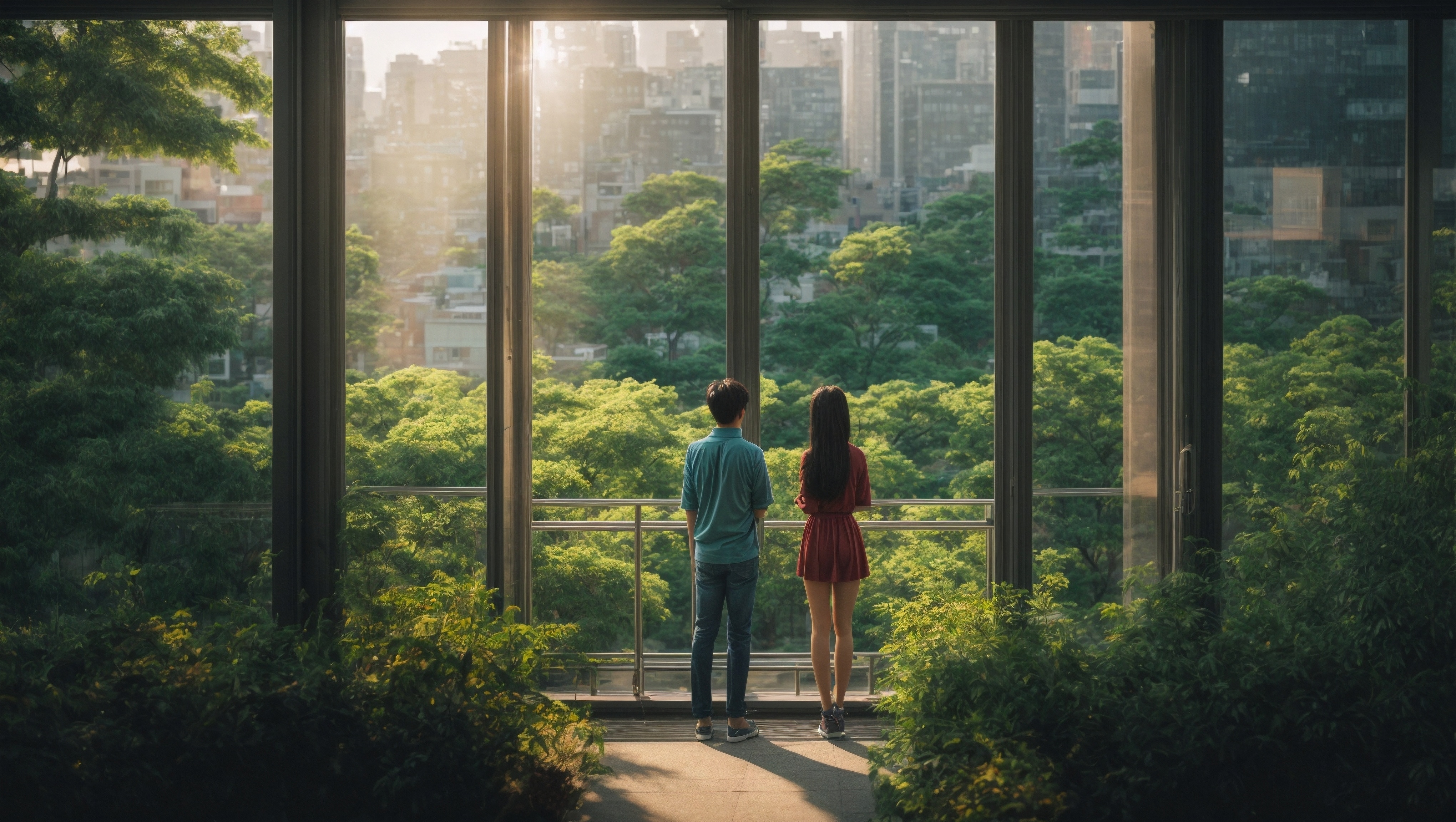 Two people are standing on a balcony looking out over the forest.