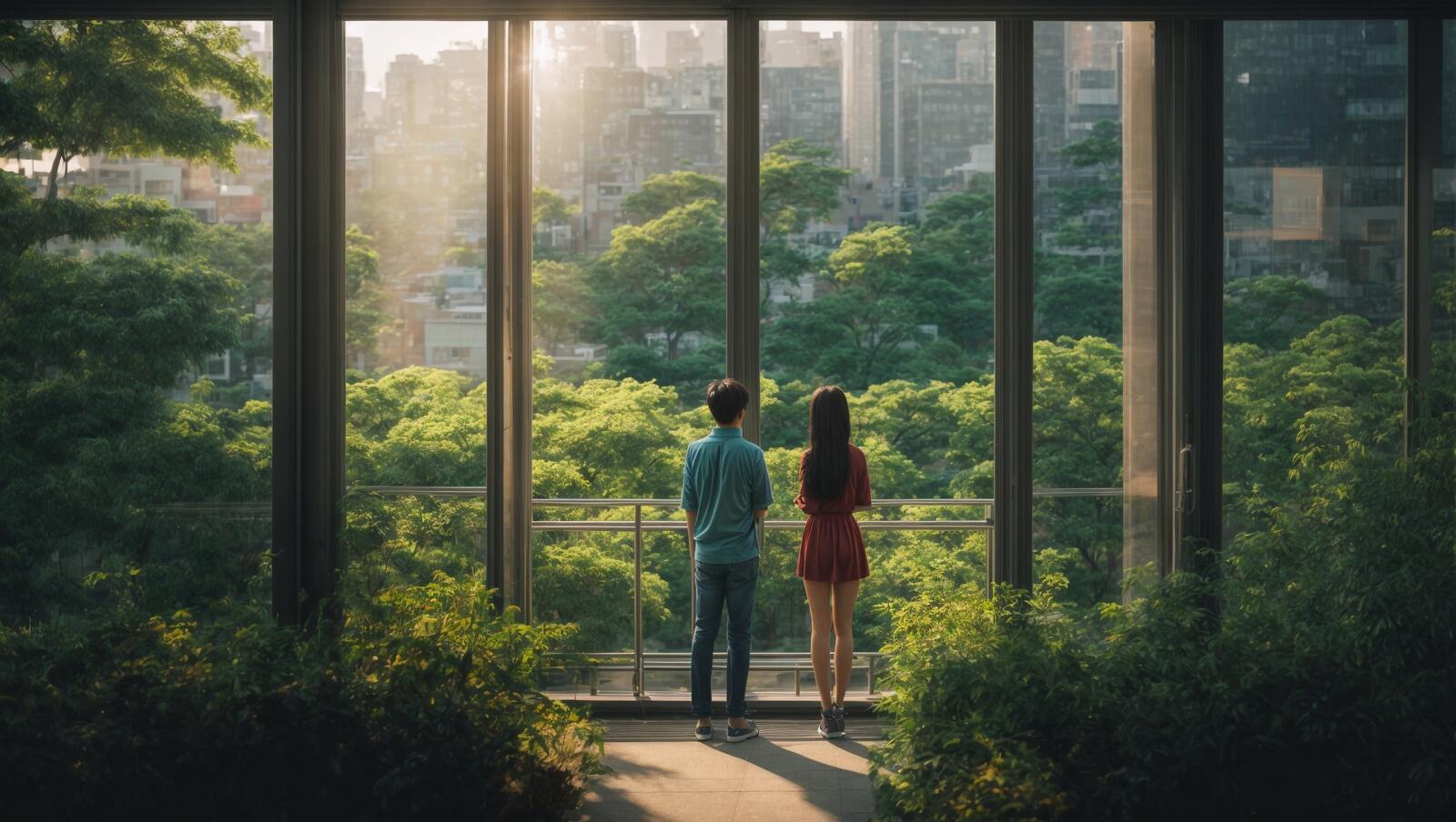 免费照片两个人站在阳台上眺望森林。