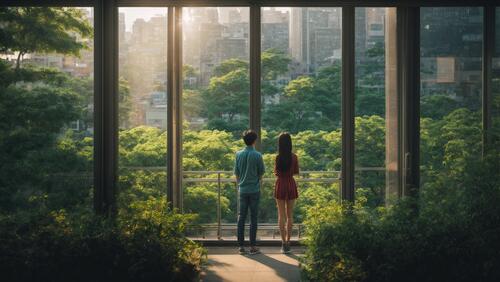 Два человека стоят на балконе и смотрят на лес.