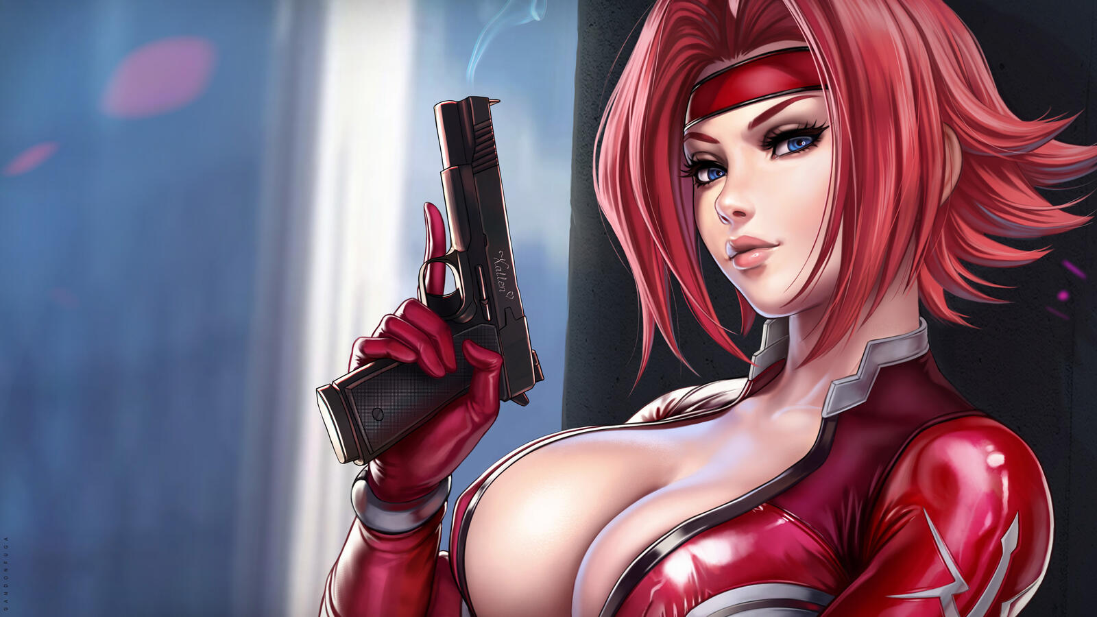 Free photo Drawing of a busty girl with a gun in her hands