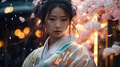 A geisha in white wearing a pink flower in her hair