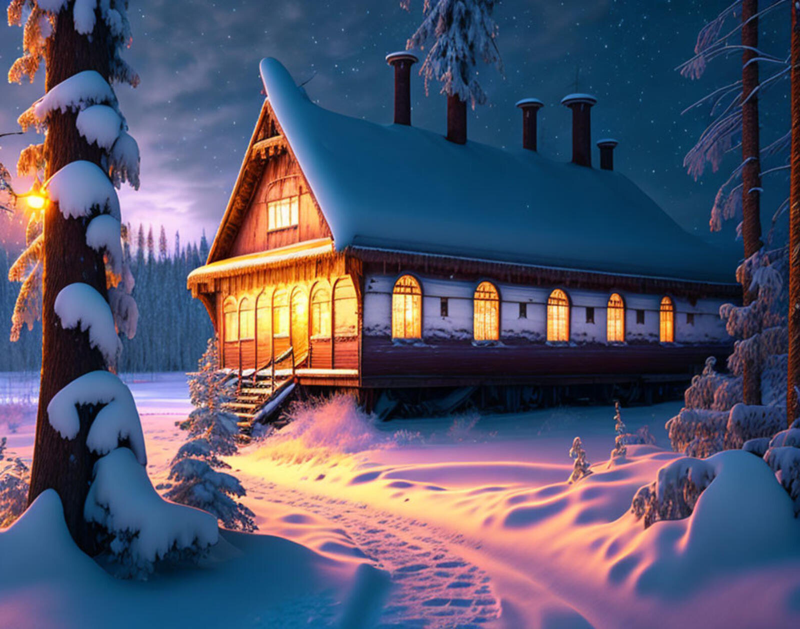 Бесплатное фото Рисунок ночного зимнего дома в лесу