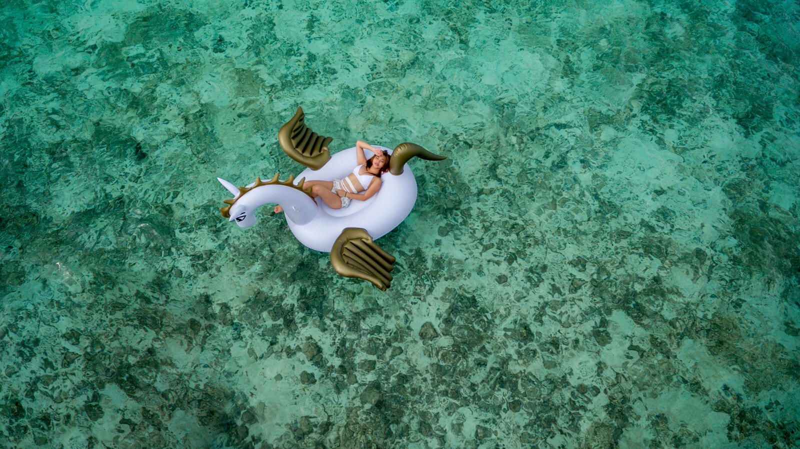 免费照片一个女孩漂浮在充气独角兽上。
