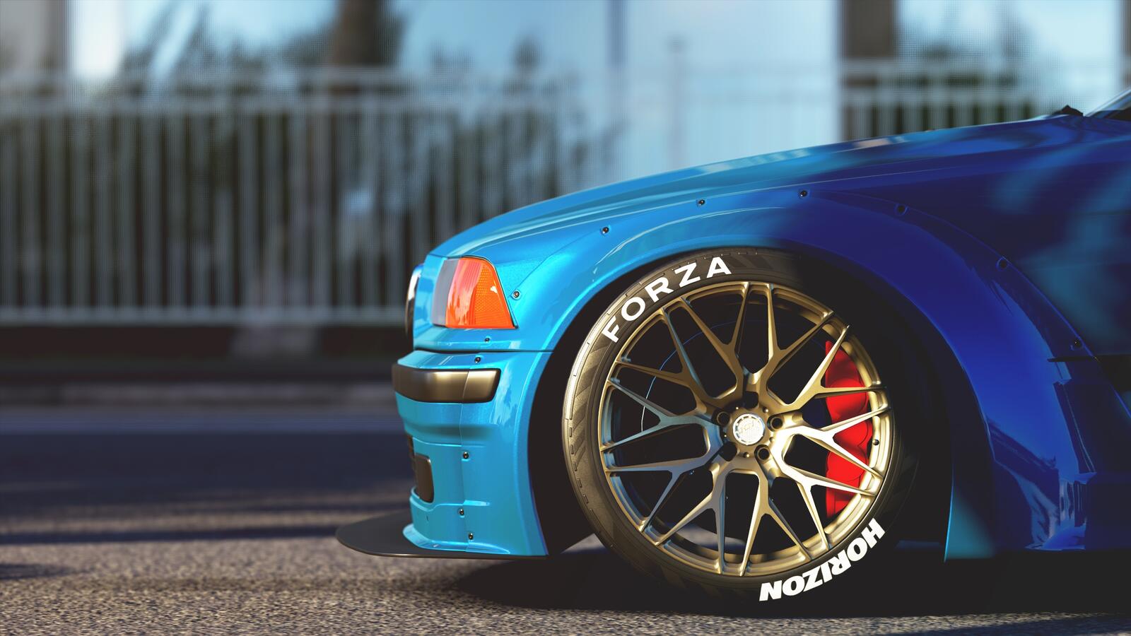 Бесплатное фото BMW M3 голубого цвета из игры forza horizon 3
