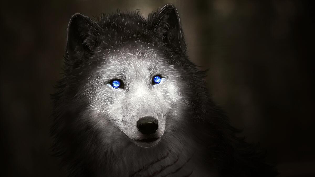 A rendering of a wolf with blue eyes.