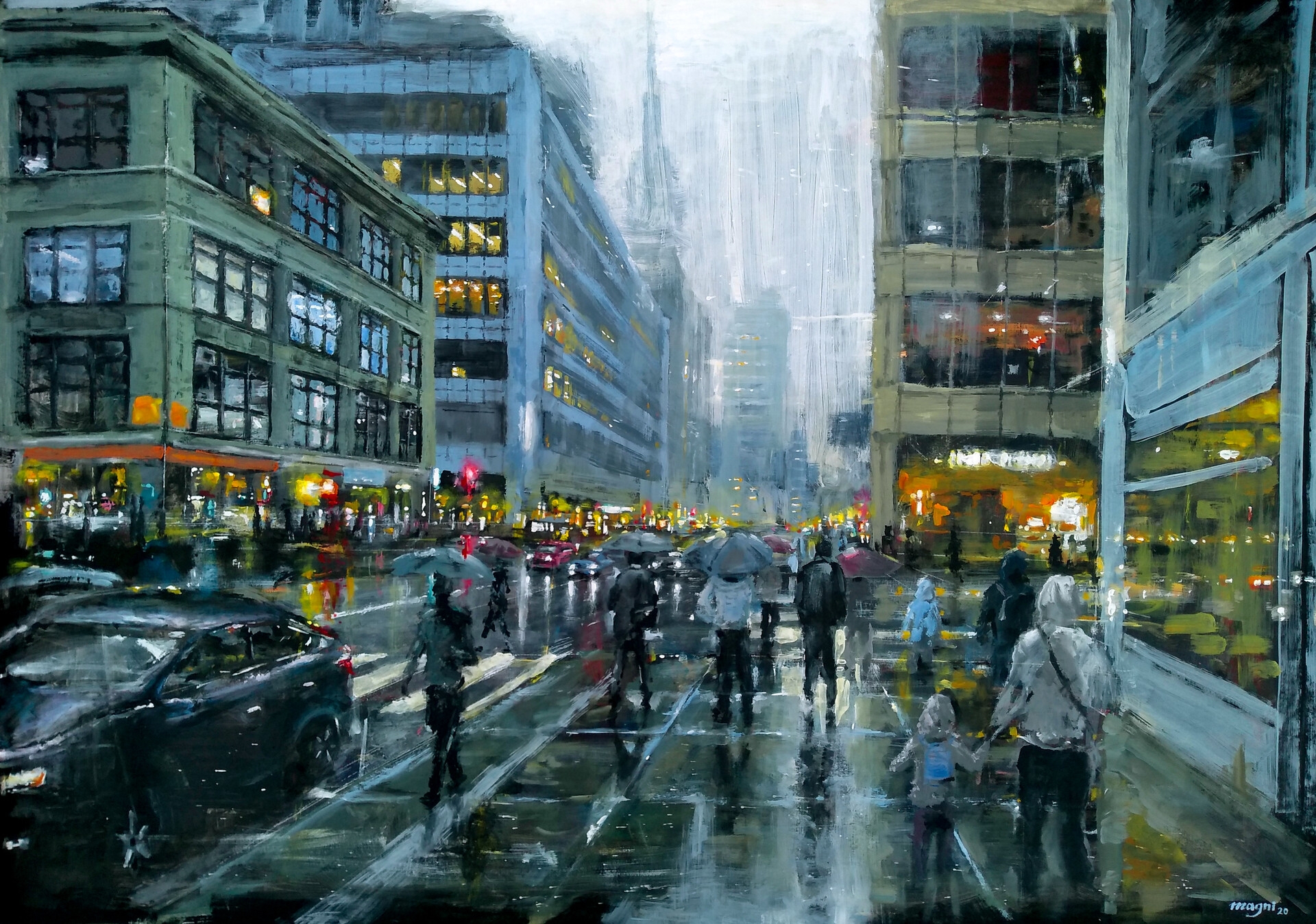Watercolor drawing of the rainy streets of america