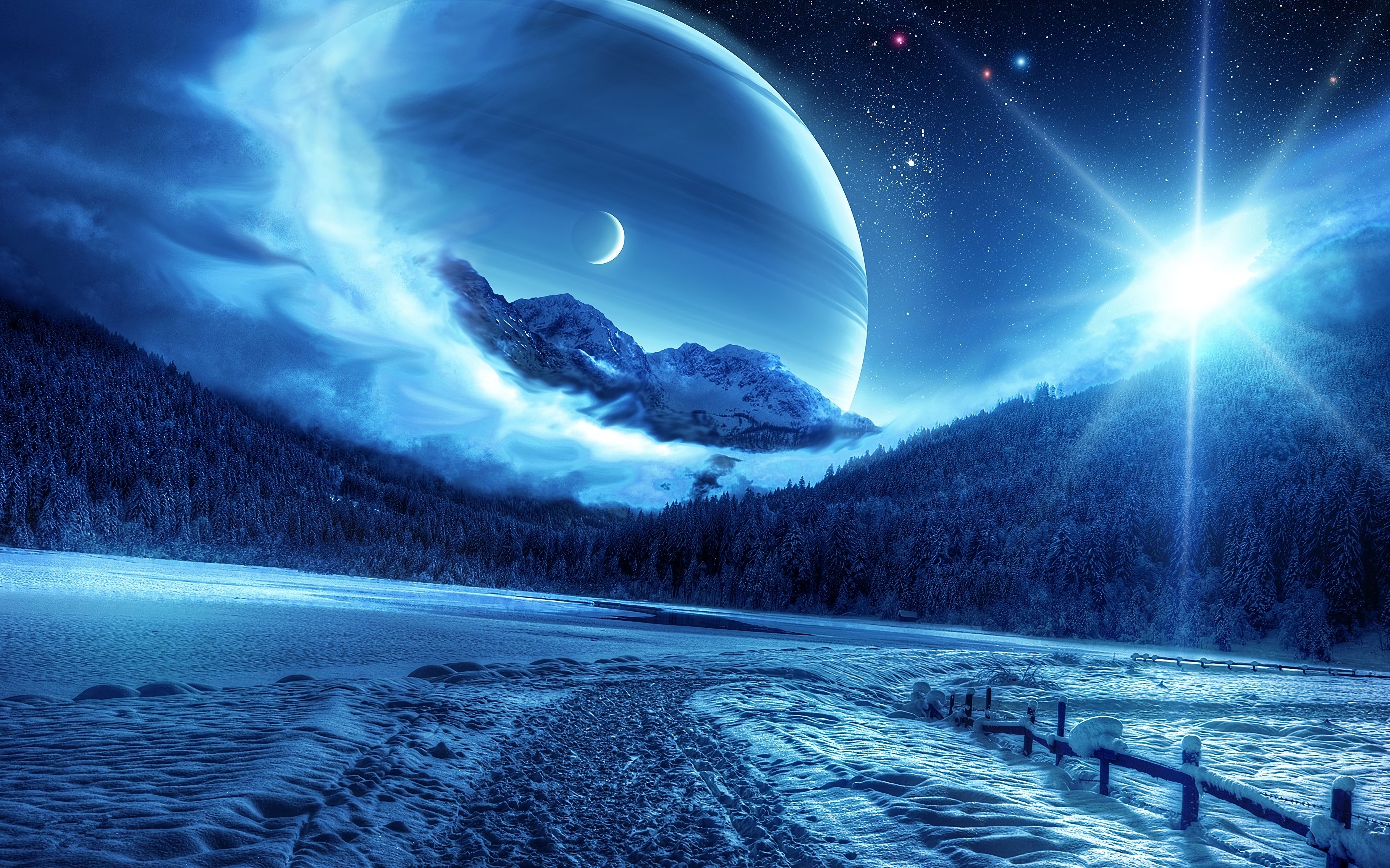Бесплатное фото Снежное поле освещенное лунным светом