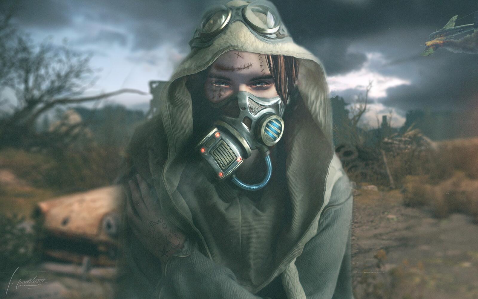 Free photo A rendering of a picture of a survivalist girl in a respirator.