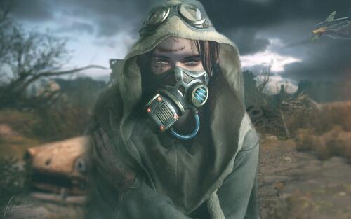 A rendering of a picture of a survivalist girl in a respirator.