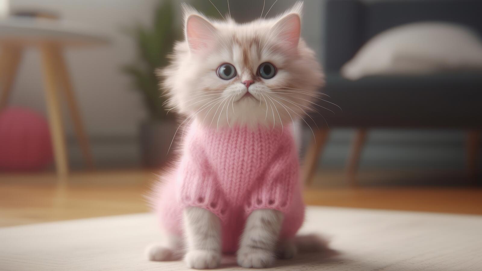 Free photo Drawing of a fluffy kitten in a pink sweater