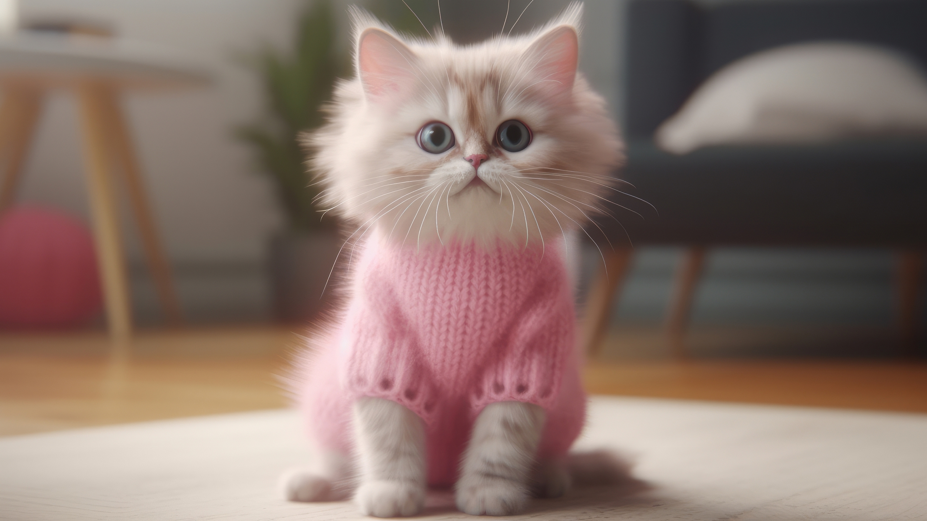 Рисунок пушистого котенка в розовом свитере