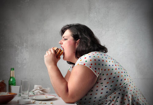Толстая женщина ест гамбургер
