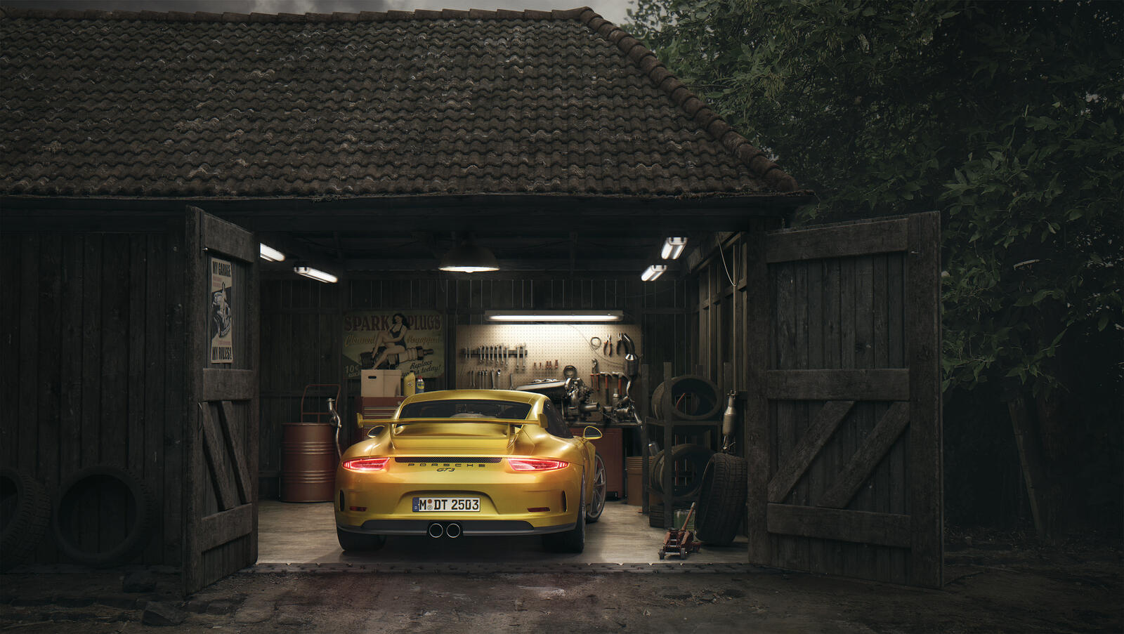 免费照片金色的保时捷GT3在车库里