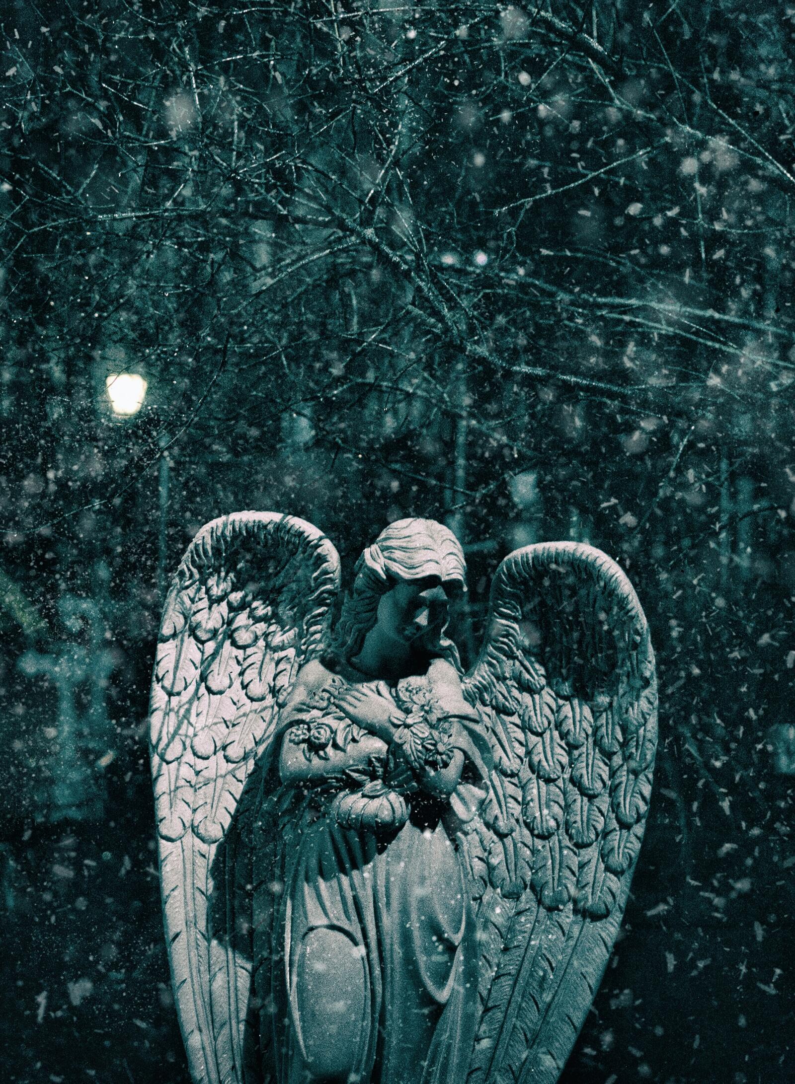 Обои снег памятник ангел на рабочий стол