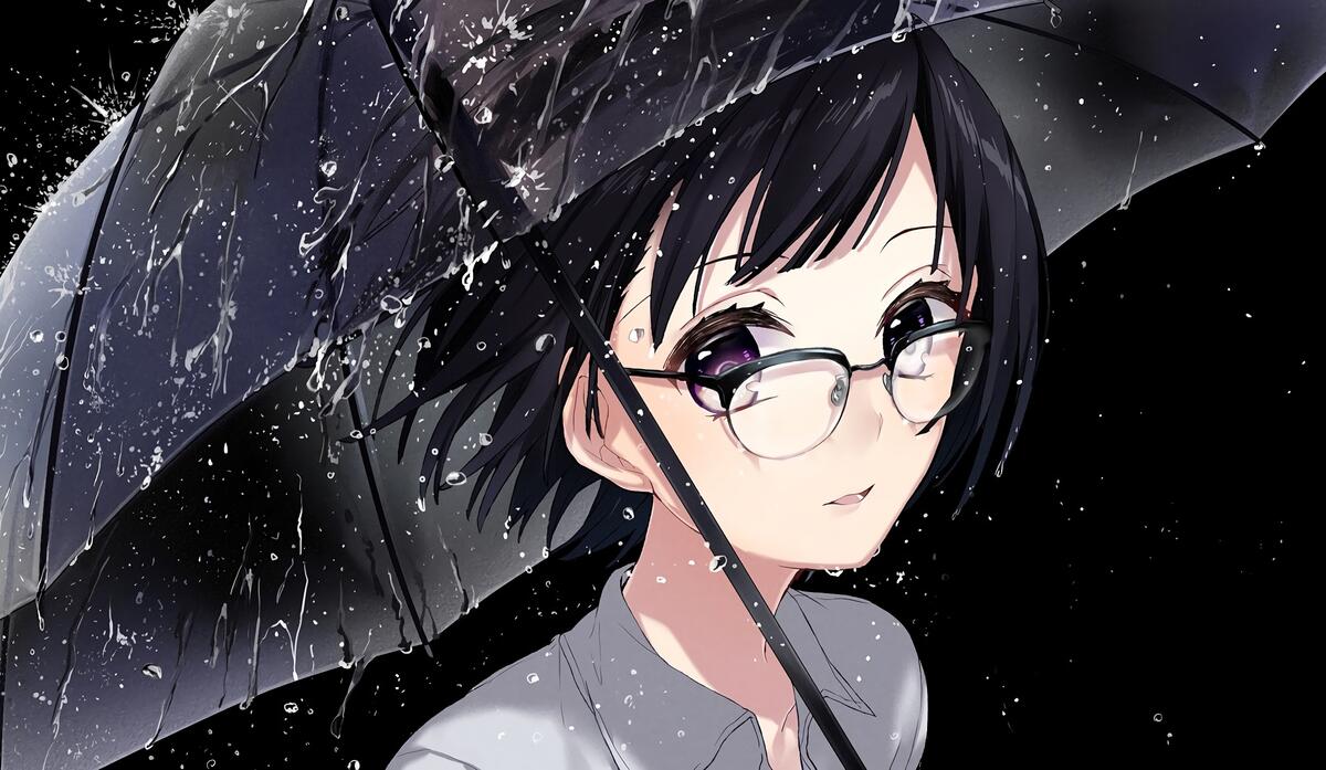 Anime girl with glasses under an umbrella.