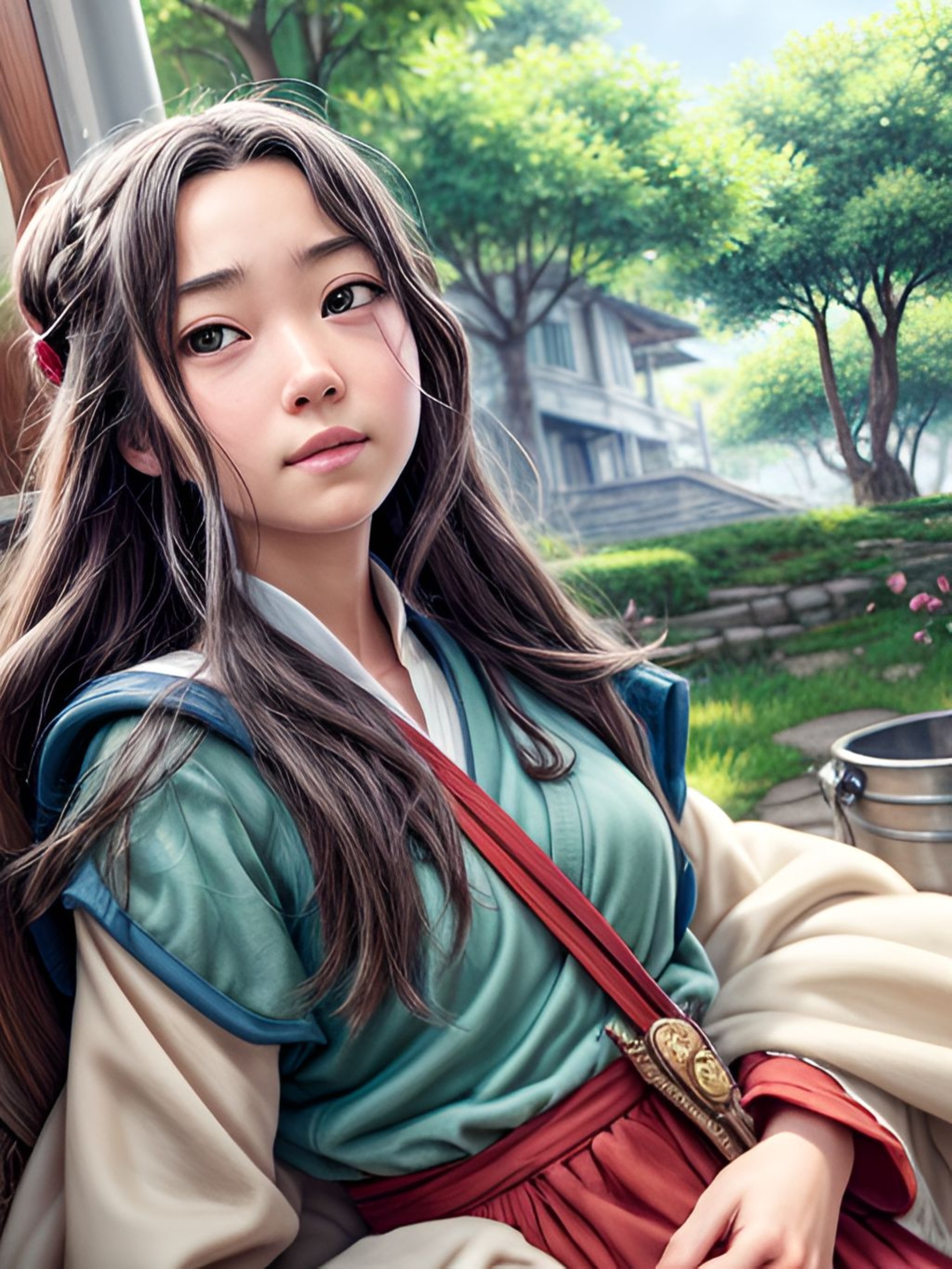 Бесплатное фото Красивая девушка, Азиатка, с длинными волосами, на фоне сада, портрет