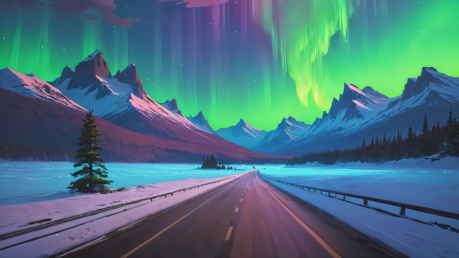 Free photo Northern Lights in the snowy mountains
