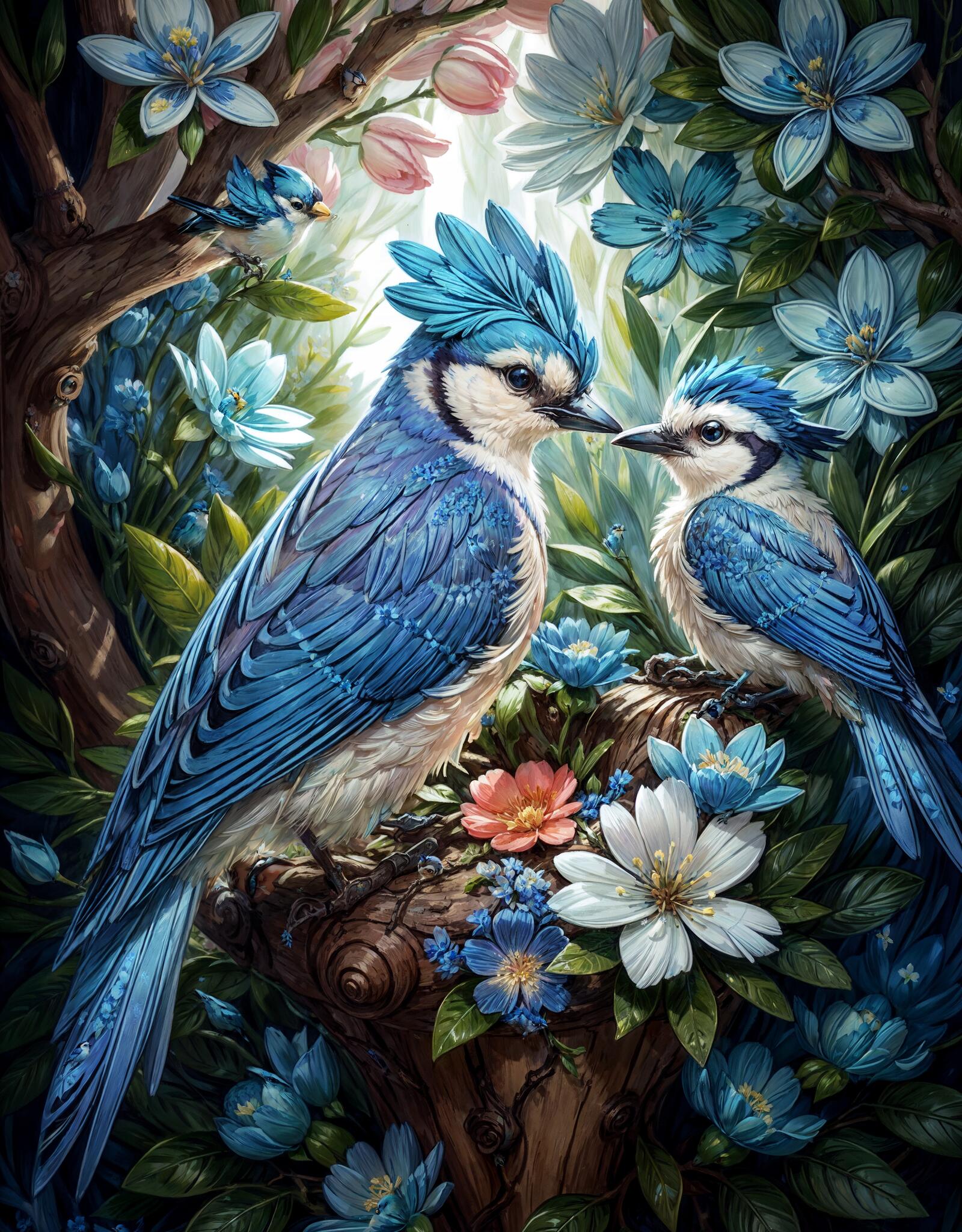Бесплатное фото Синие птицы цветущего леса