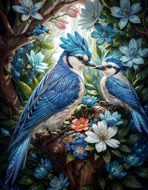 Blue birds of the flowery forest