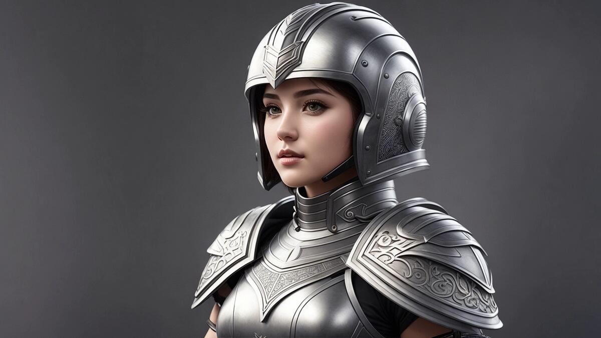 Girl warrior in silver armor on gray background