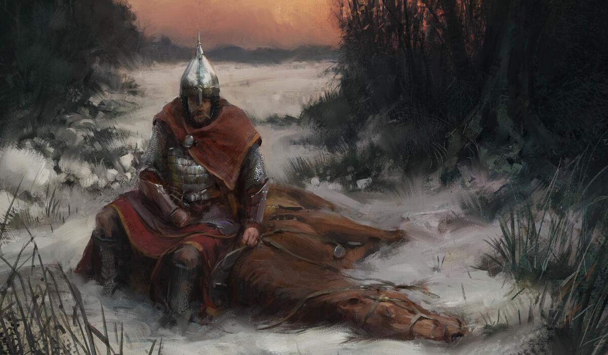 A medieval knight sits next to a dead horse