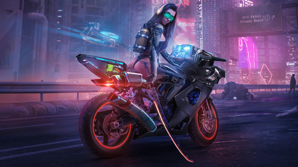 Девушка на мотоцикле с катаной из игры Cyberpunk 2077