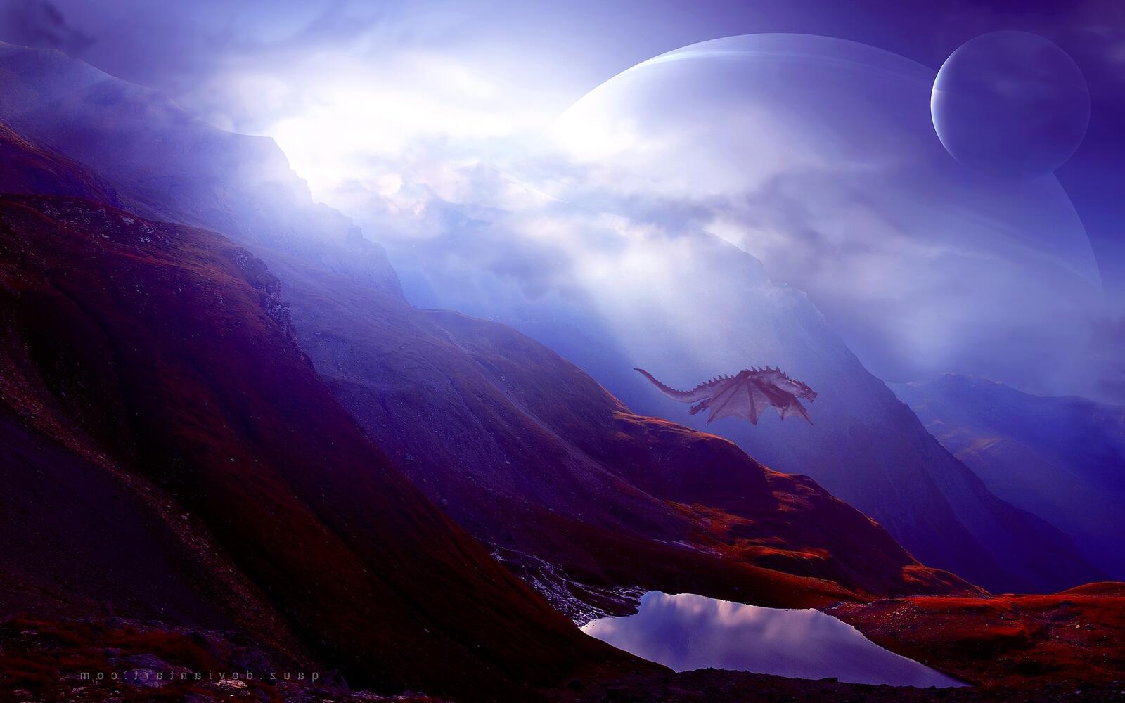 Бесплатное фото Дракон на фоне планет