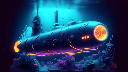 A submarine underwater in the dark.