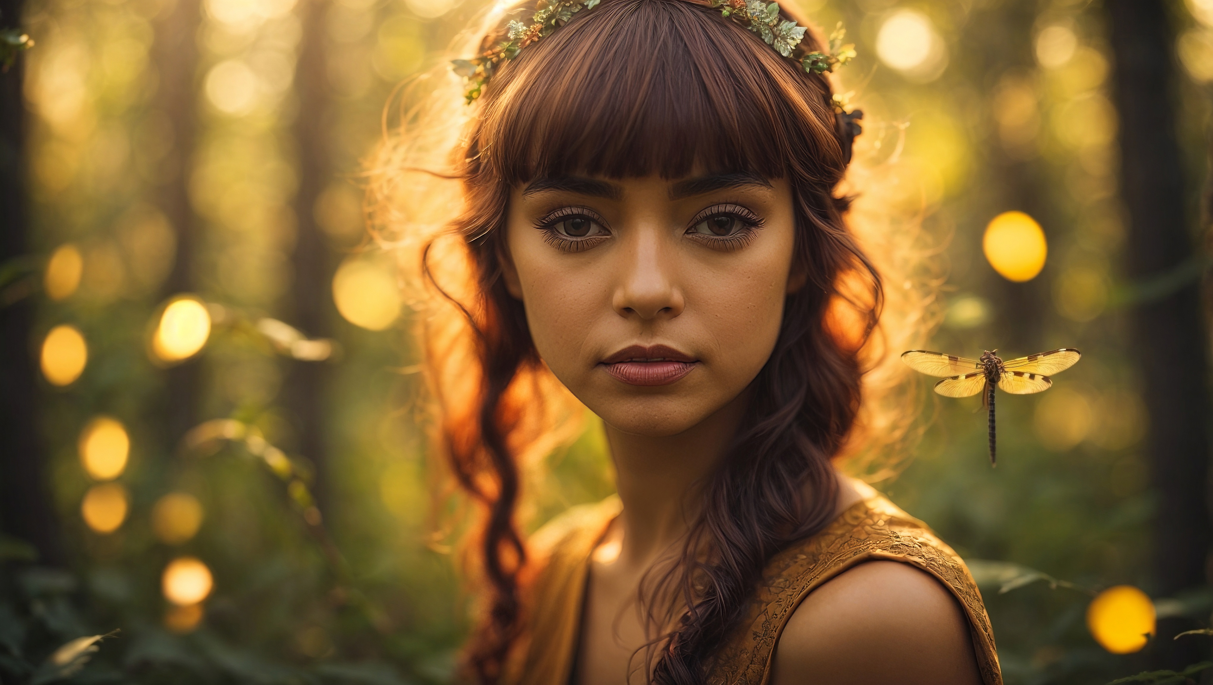 一位美丽的长发少女在树林中戴着花环