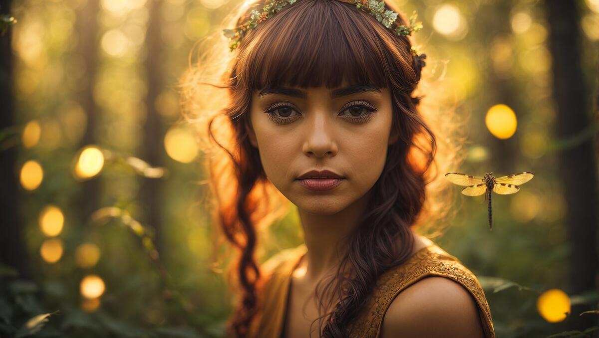 A beautiful young woman with long hair wearing a wreath in the woods