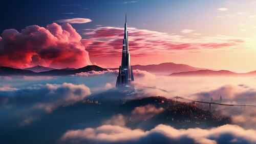 A tall tower in the clouds and a city
