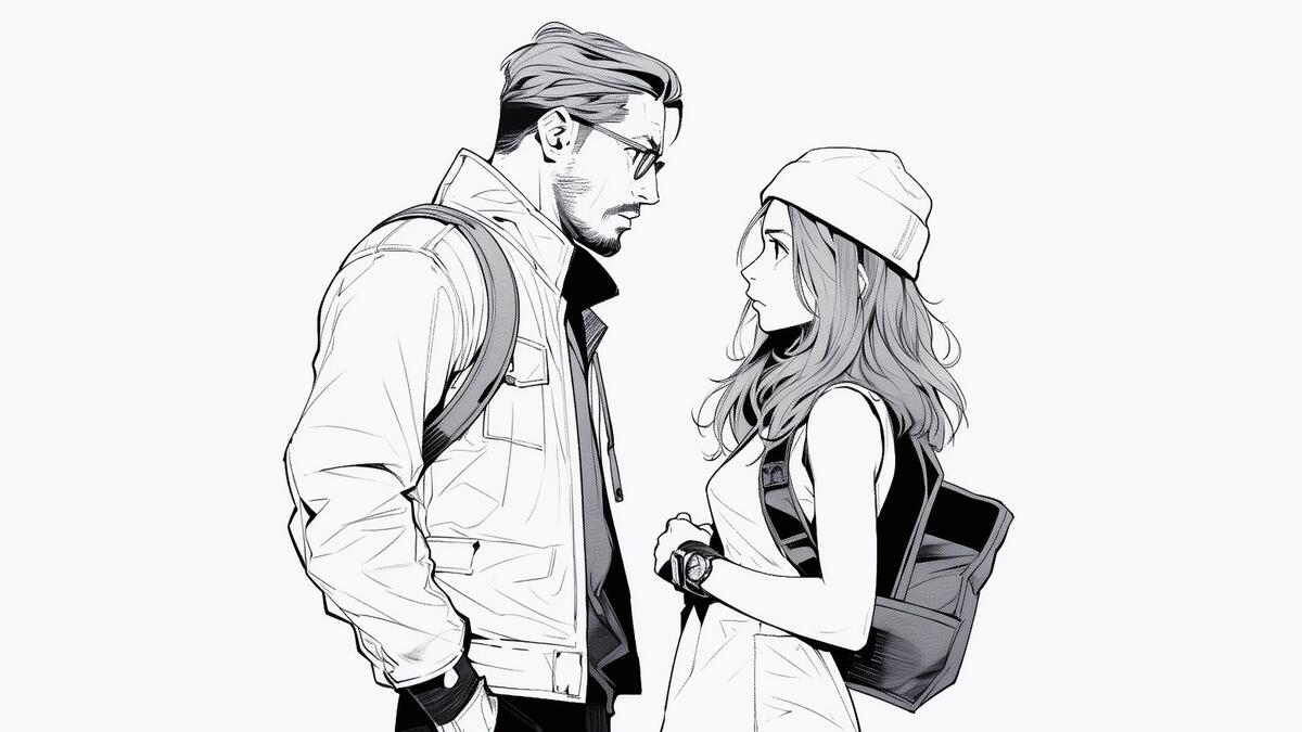 Drawing of a man and a girl on a white background