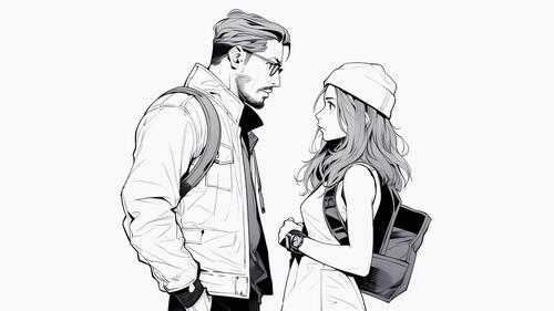 Drawing of a man and a girl on a white background